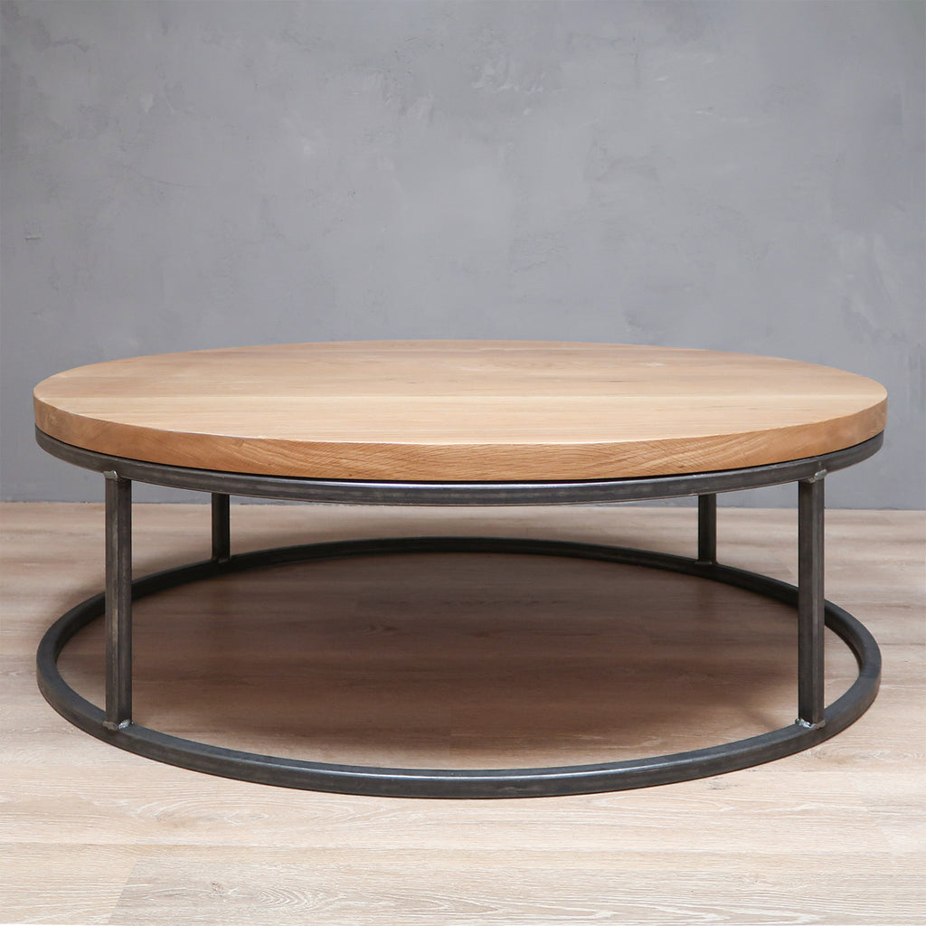 Round White Oak Wood Coffee Table with Grey Frame