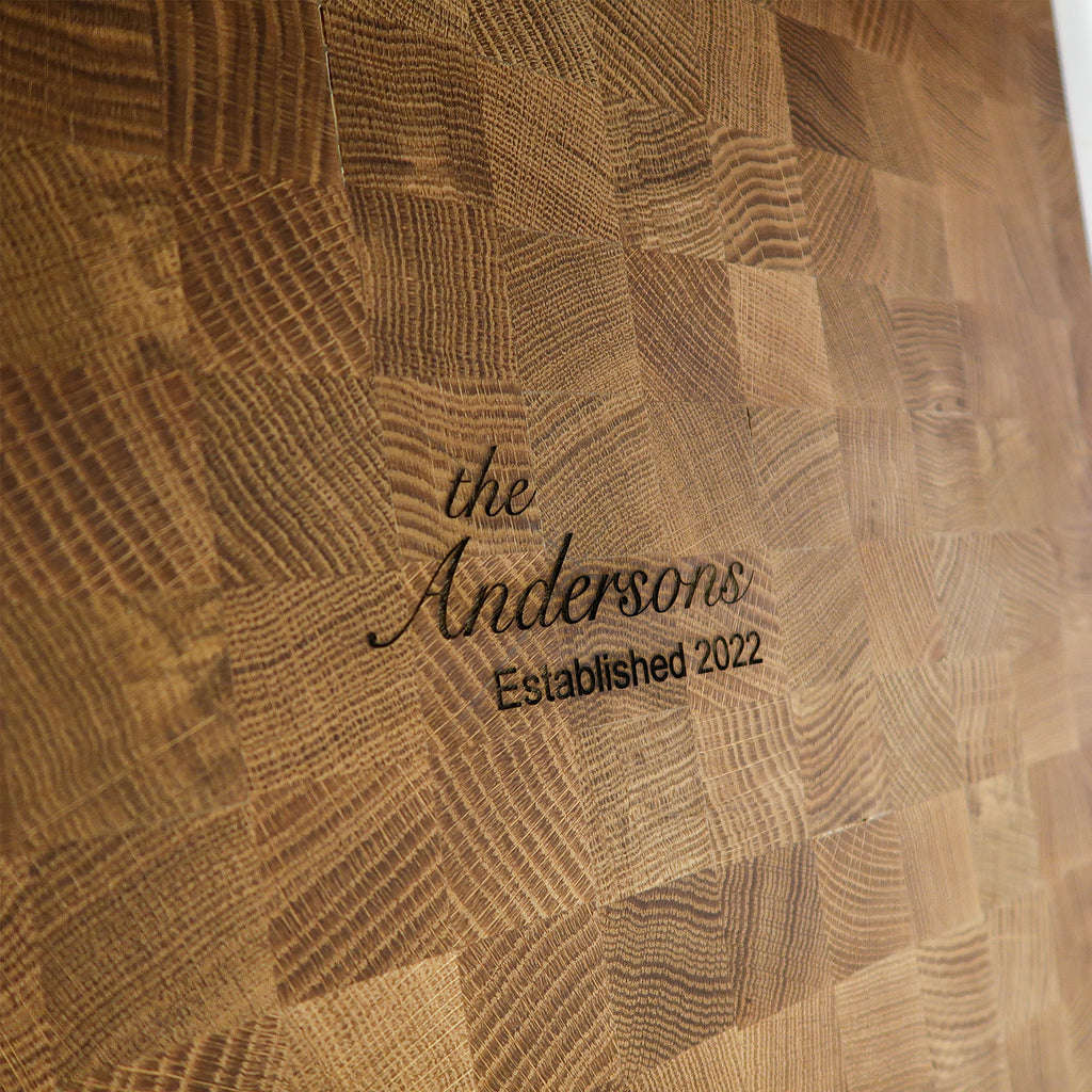 Engraved Corner Custom White Oak Wood Cutting Board in Kitchen