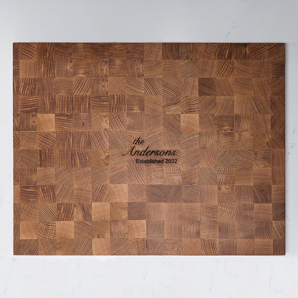 Engraved Custom White Oak Wood Cutting Board in Kitchen