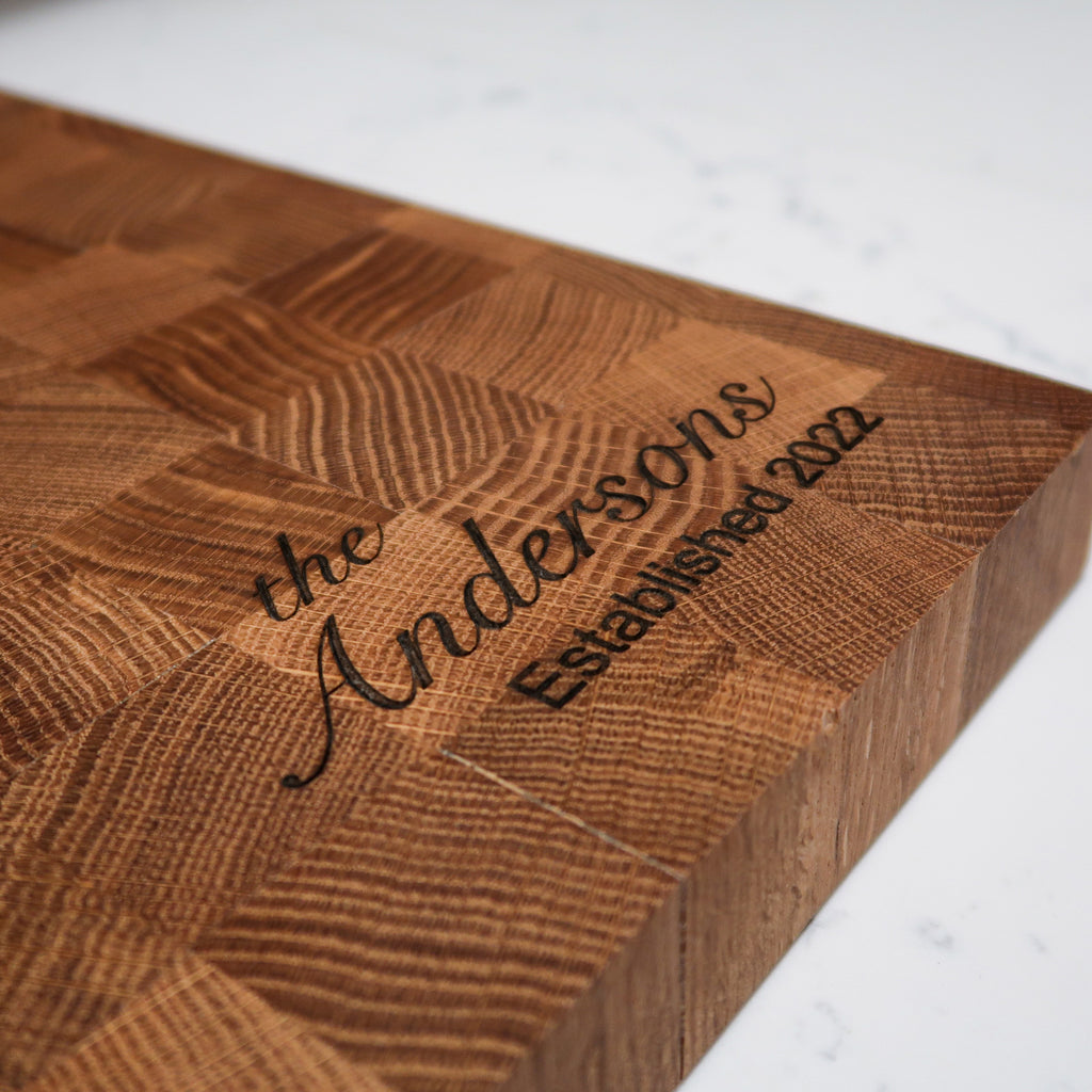 Engraved Corner Custom White Oak Wood Cutting Board in Kitchen