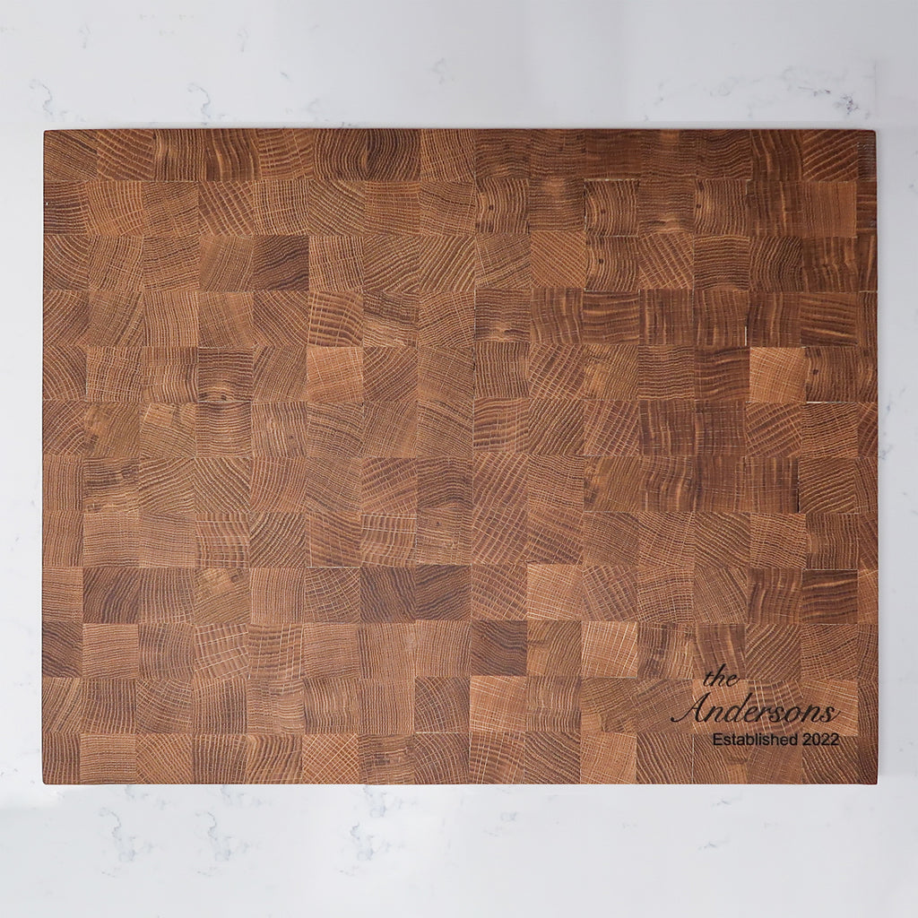 Engraved Corner Custom White Oak Wood Cutting Board in Kitchen
