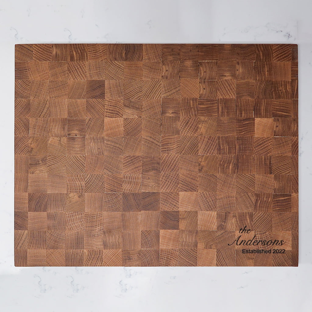 Engraved Custom White Oak Wood Cutting Board in Kitchen