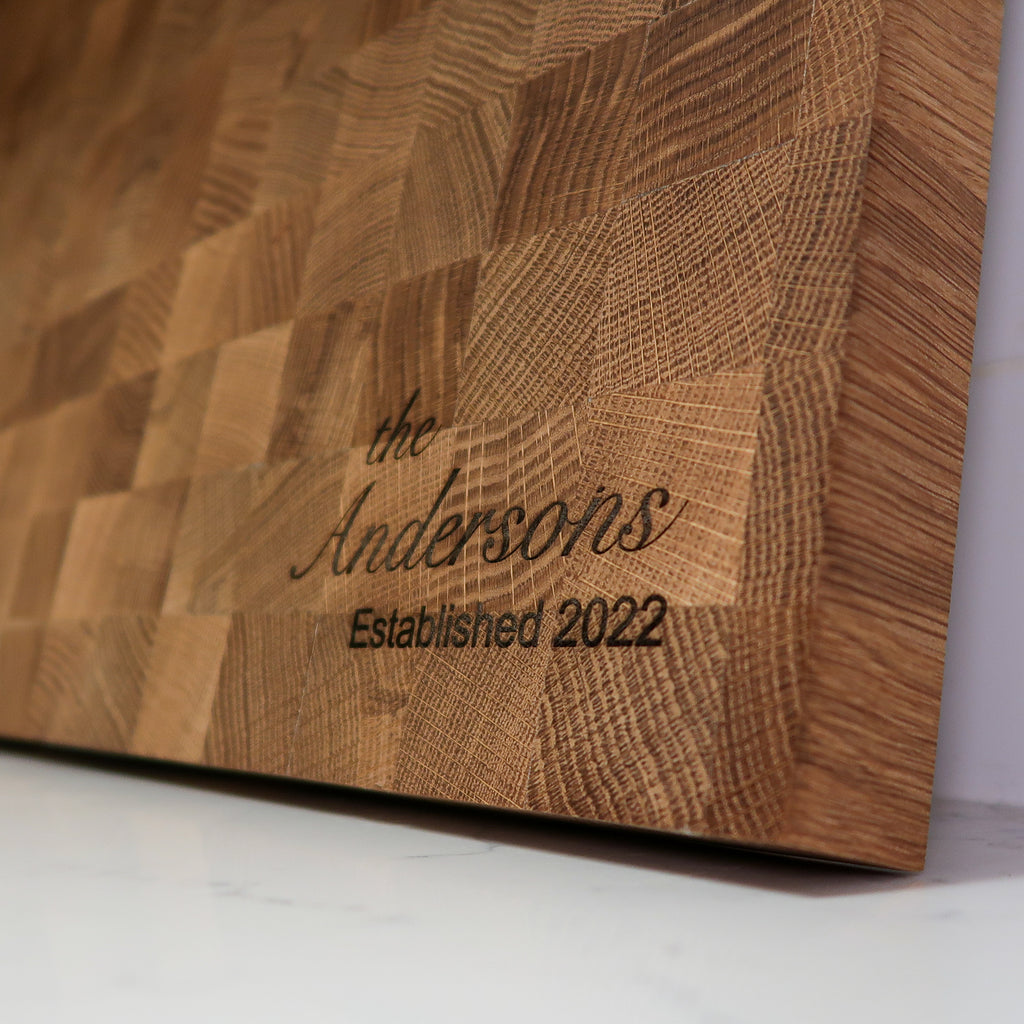 Engraved Corner Custom White Oak Wood Cutting Board in Kitchen