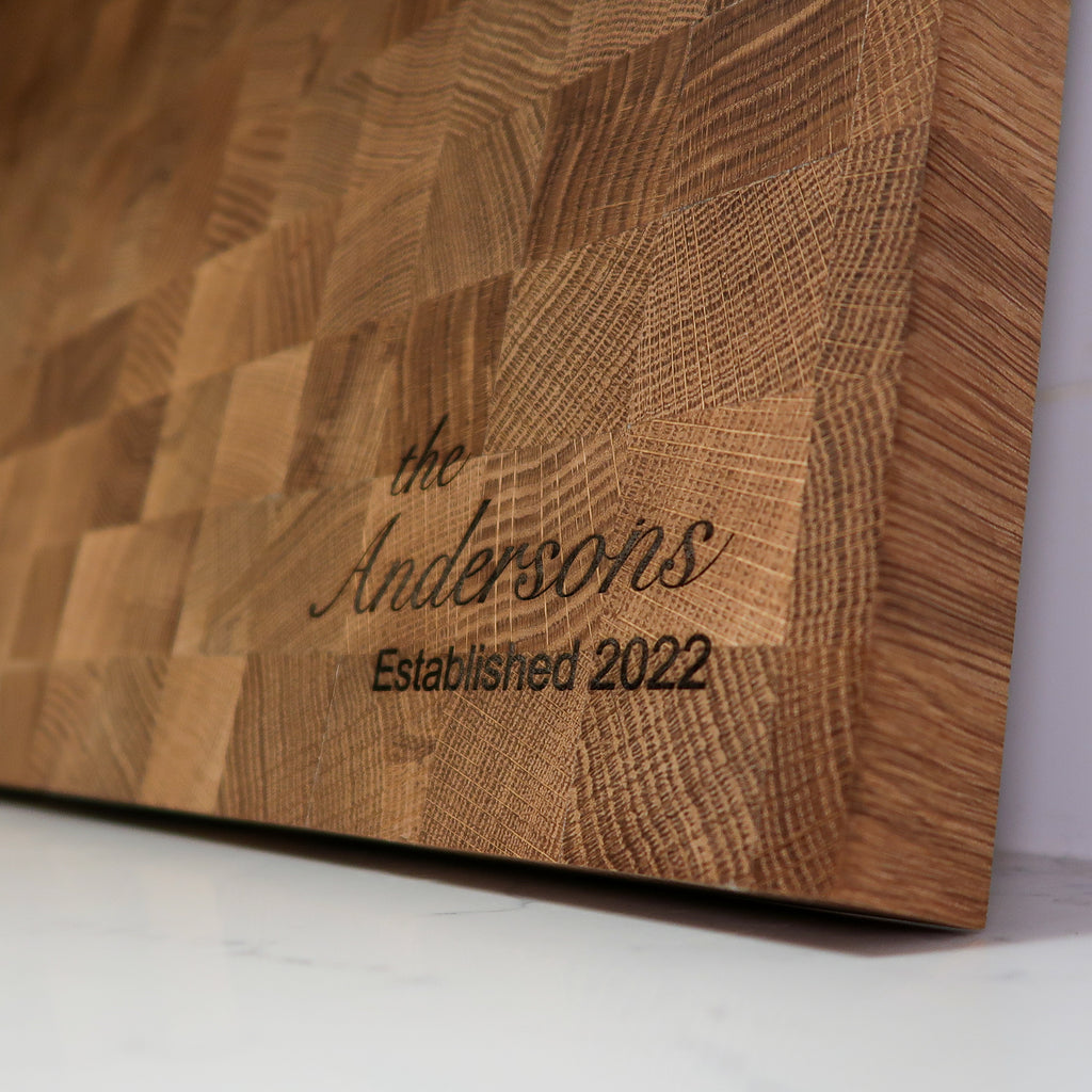 Engraved Custom White Oak Wood Cutting Board in Kitchen