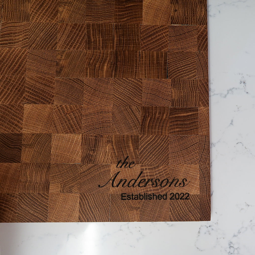 Engraved Custom White Oak Wood Cutting Board in Kitchen