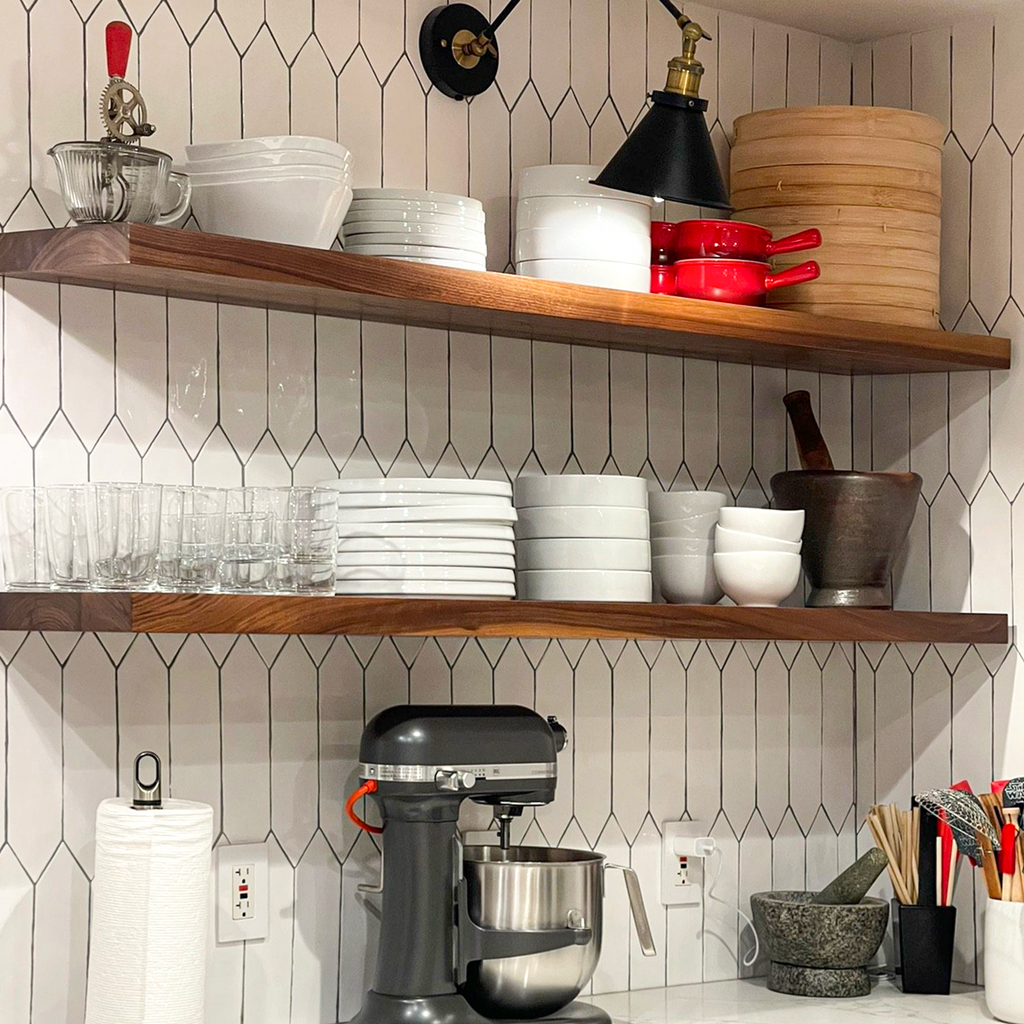 Wall Walnut Wood Floating Shelves in Kitchen