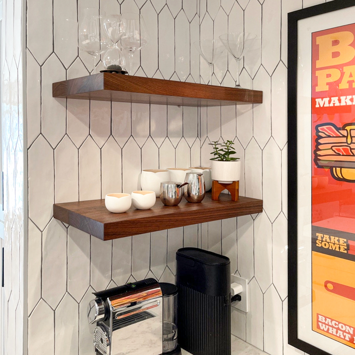 Idea for Walnut Wood Floating Shelves in Kitchen