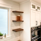Corner Walnut Wood Floating Shelves in Kitchen