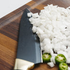 Walnut Wood Cutting Board with Chopped Food and Knife