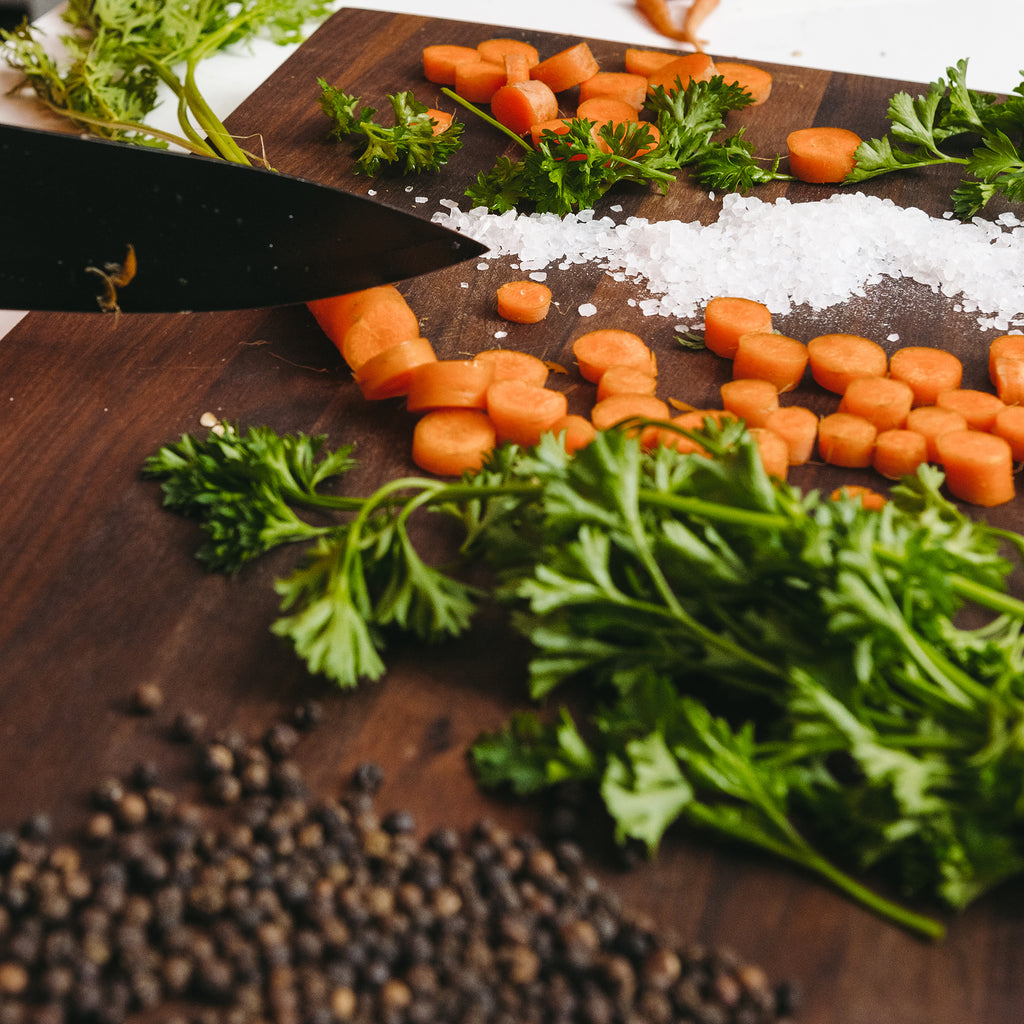 Chopped Vegetables on Custom Walnut Wood Cutting Board