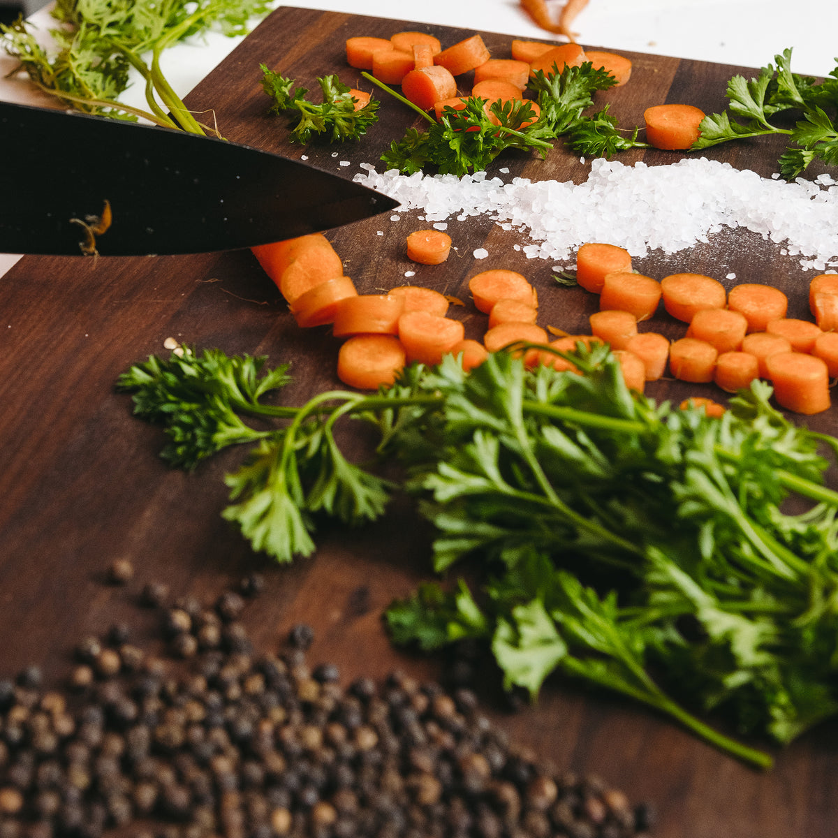 Chopped Vegetables on Custom Walnut Wood Cutting Board