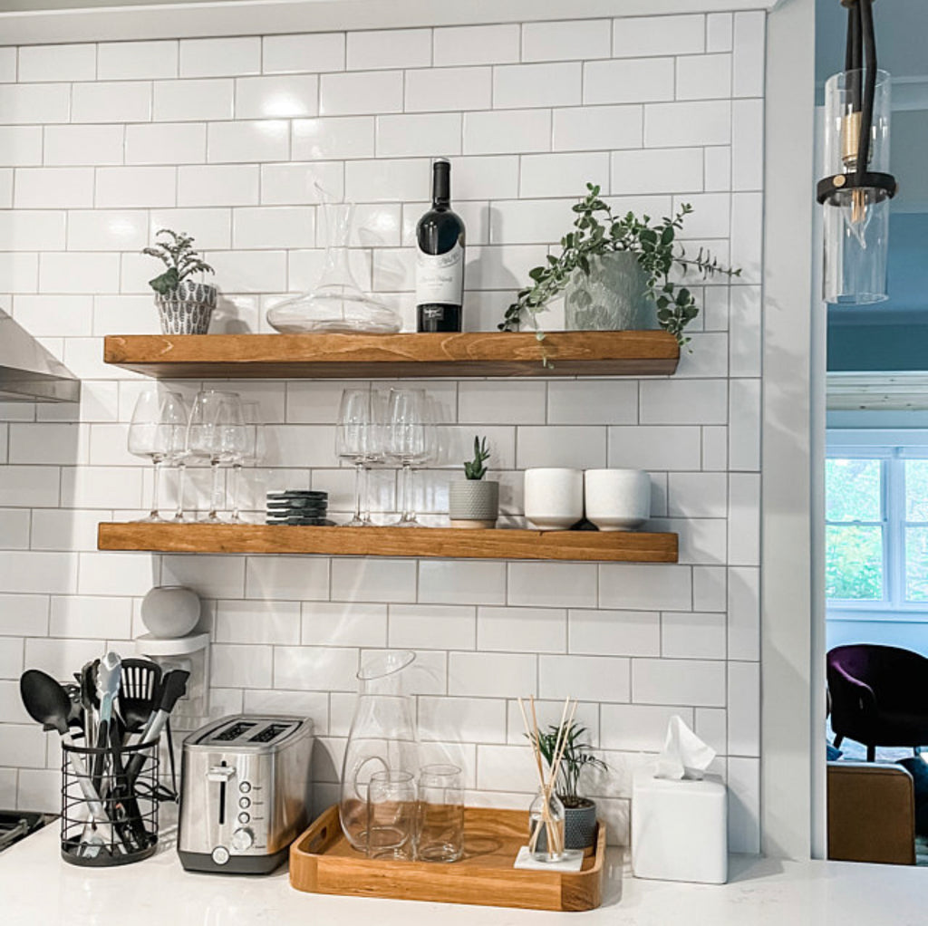 Open Rustic Wood Floating Shelves in Kitchen