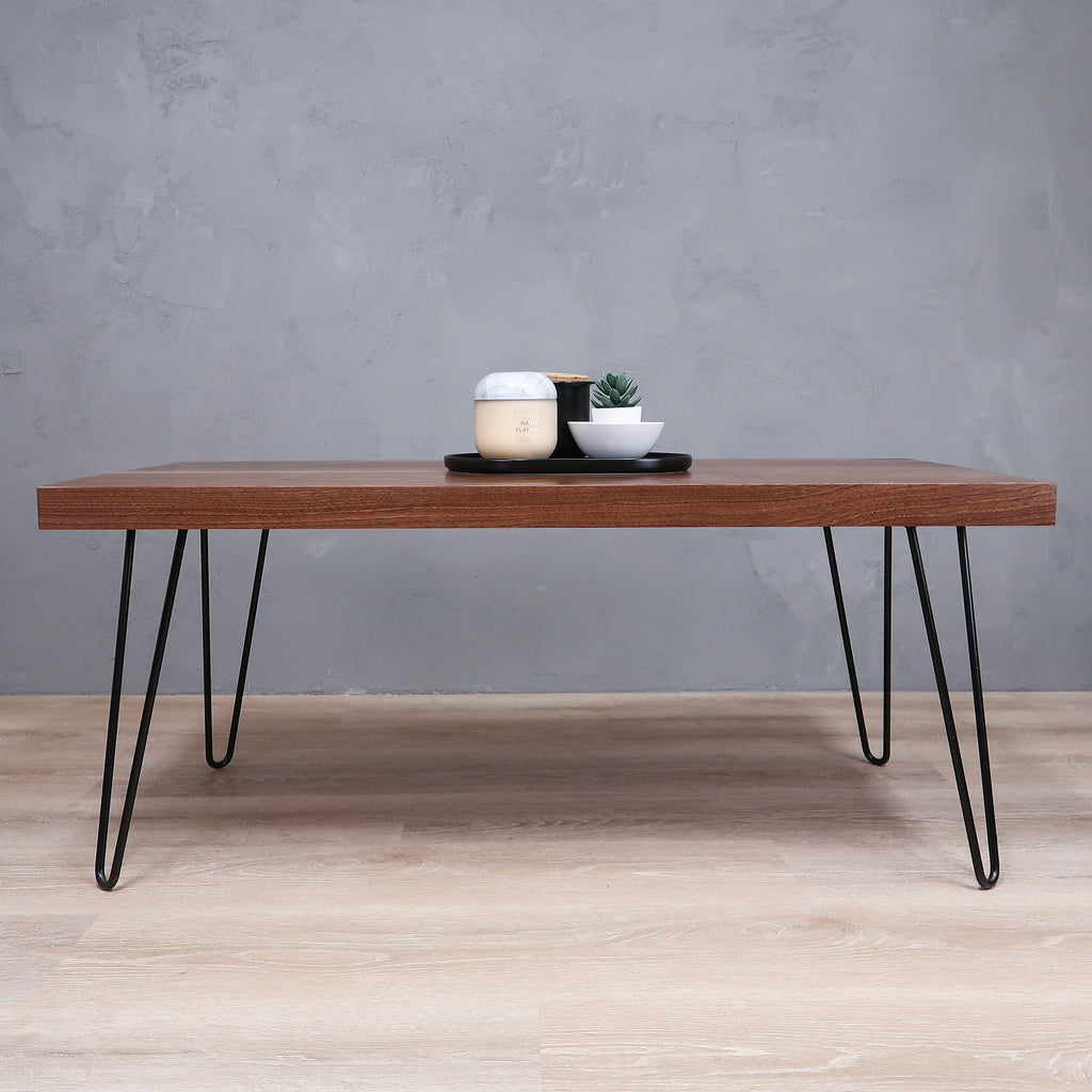 Modern Walnut Wood Coffee Table With Black Hairpin Legs