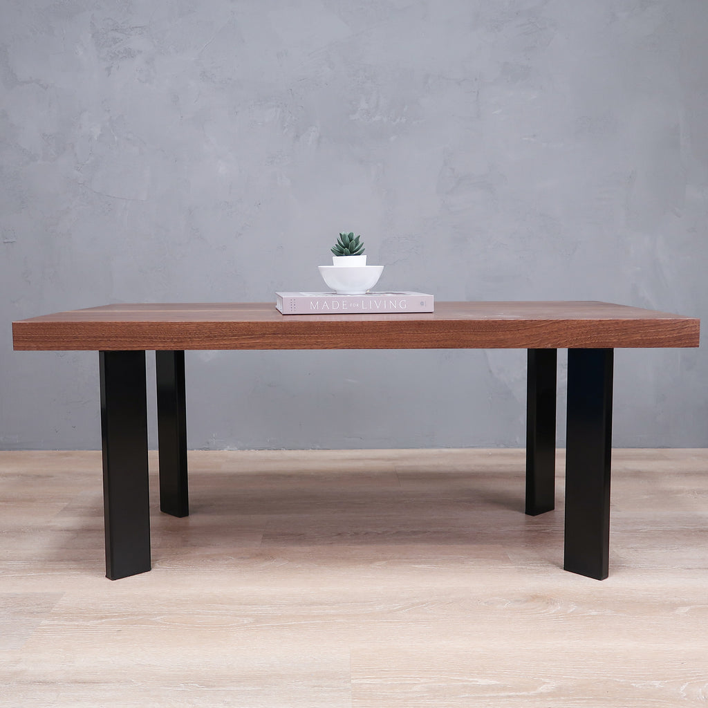 Contemporary Walnut Wood Coffee Table With Massive Black Hairpin Legs