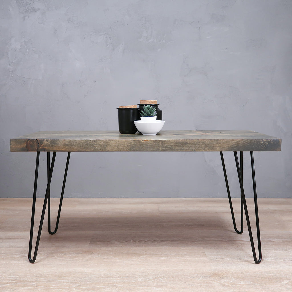 Rustic Wood Coffee Table with Black Hairpin Legs in Aged Barrel Color