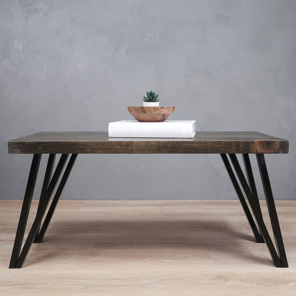 Rustic Wood Coffee Table with Black Metal Legs in Jacobean Color