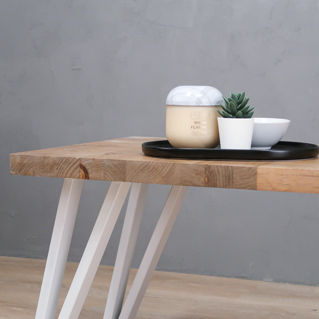 Rustic Wood Coffee Table with White Metal Legs in Aged Oak Color