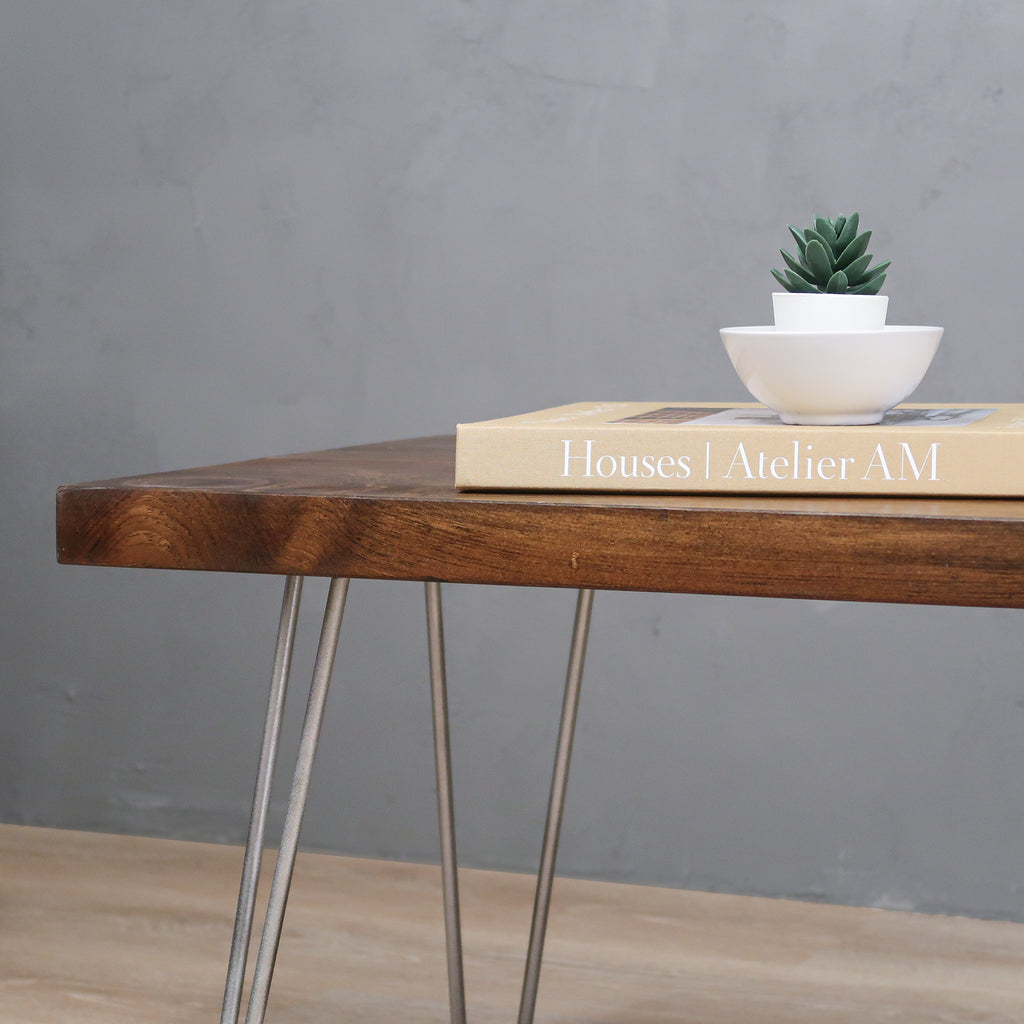 Rustic Wood Coffee Table with Grey Hairpin Legs in Provincial Color