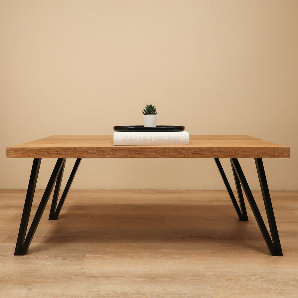 Modern White Oak Wood Coffee Table With Black Hairpin Legs
