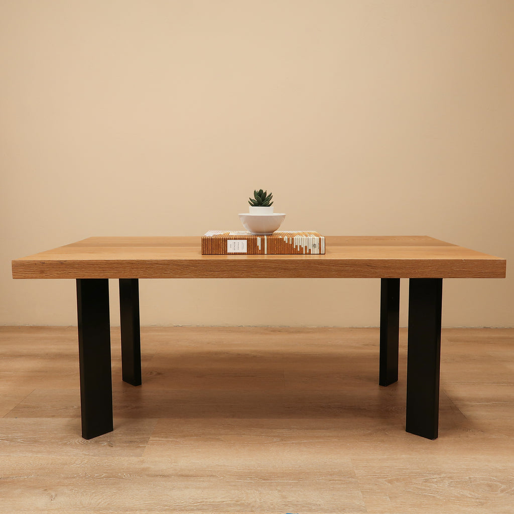 Custom White Oak Wood Coffee Table With Black Massive Legs