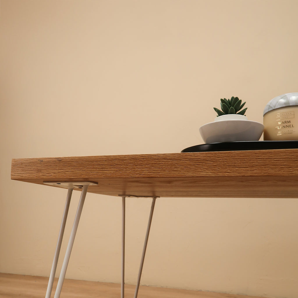 White Oak Wood Coffee Table With White Hairpin Legs