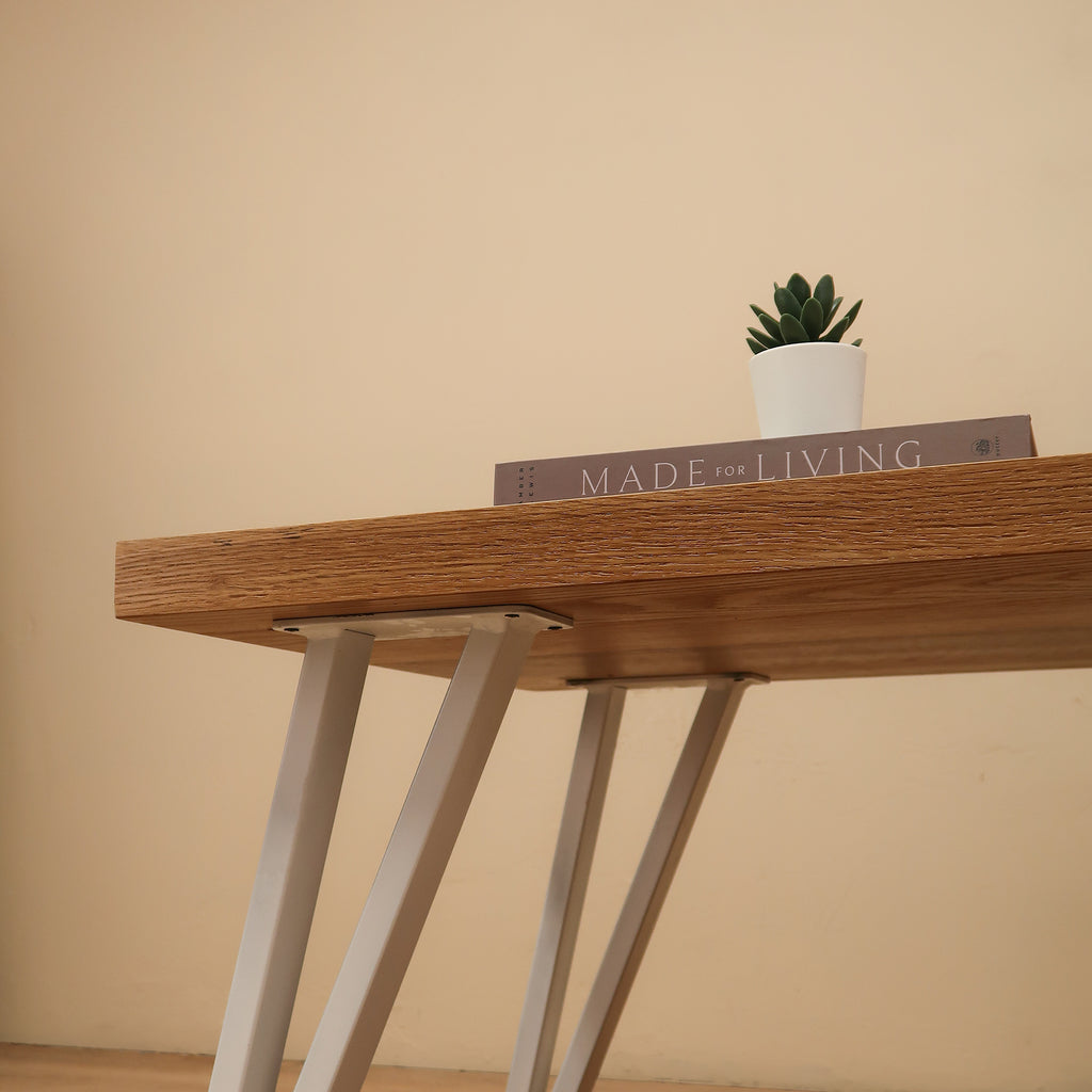 Modern White Oak Wood Coffee Table With White Hairpin Legs