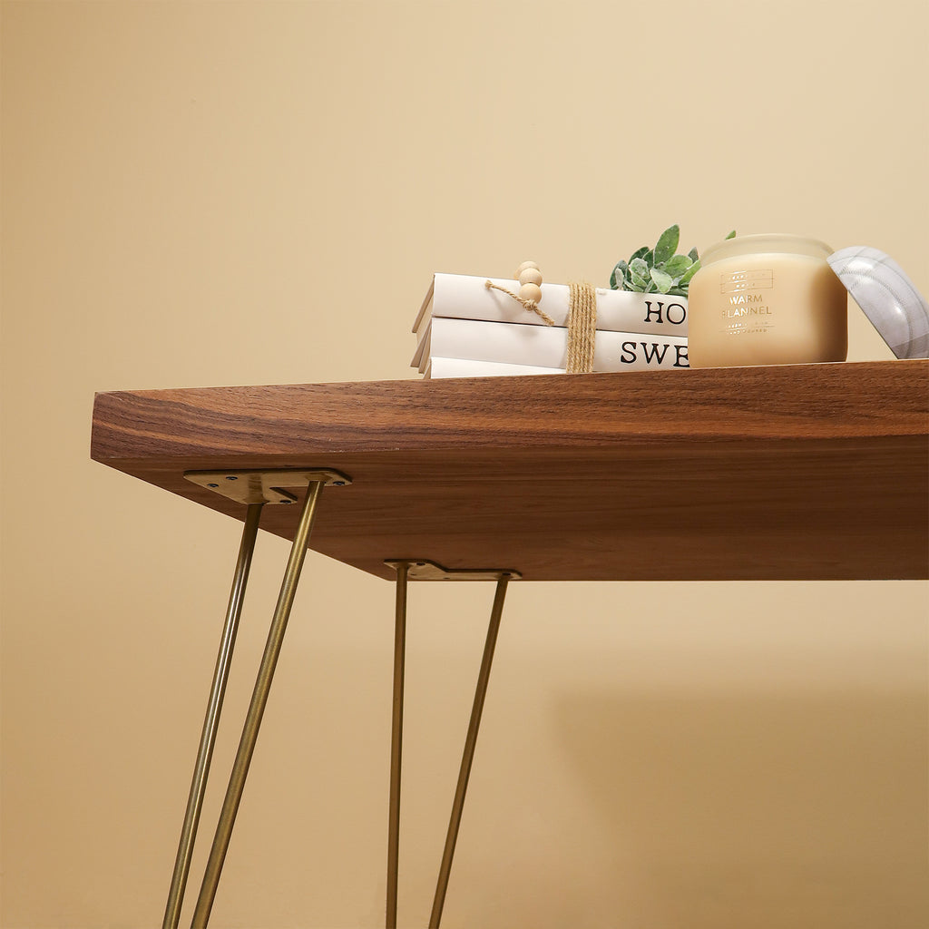 Walnut Wood Coffee Table With Gold Hairpin Legs