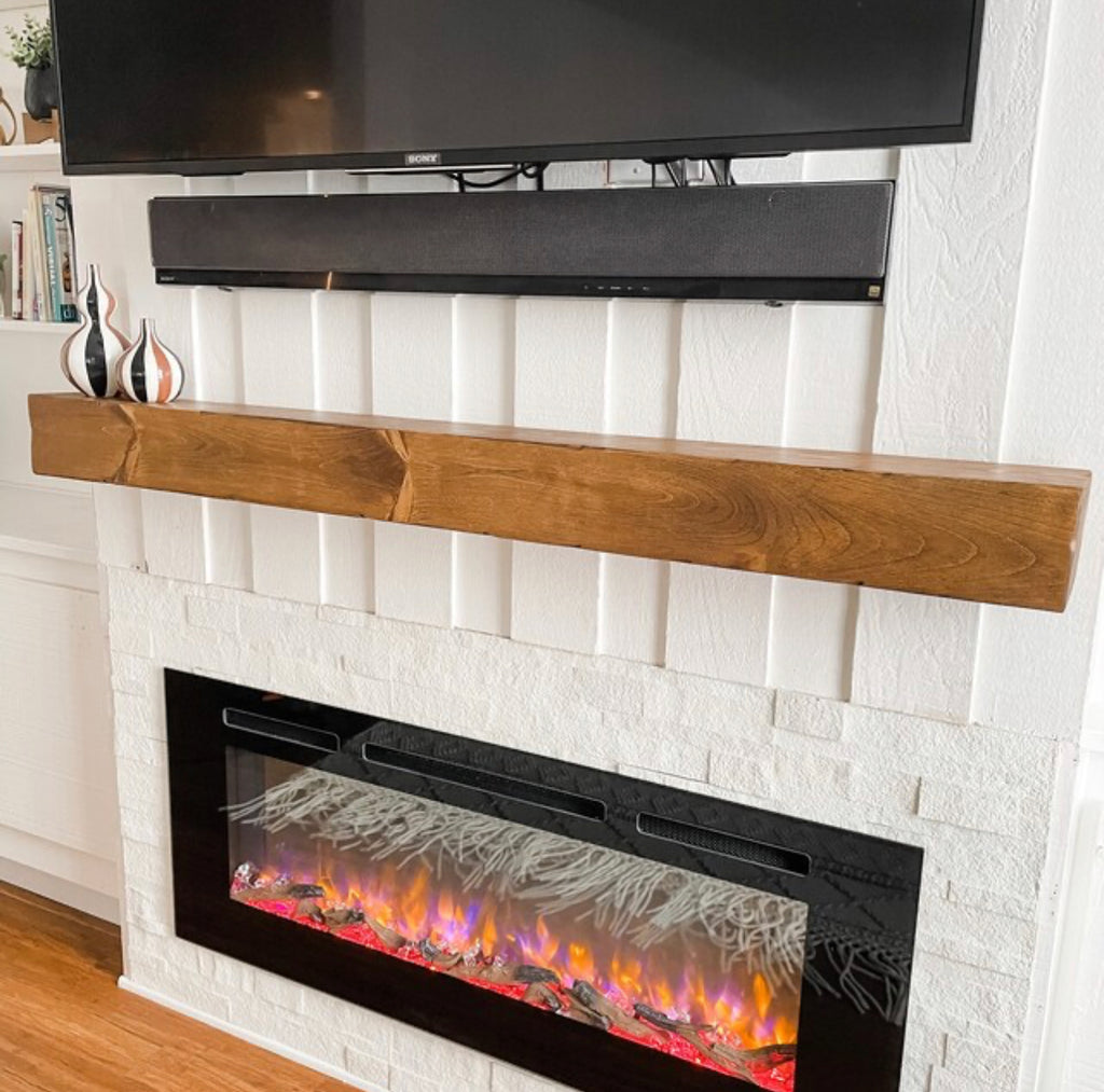 Hollow Rustic Wood Fireplace Mantel in Living Room