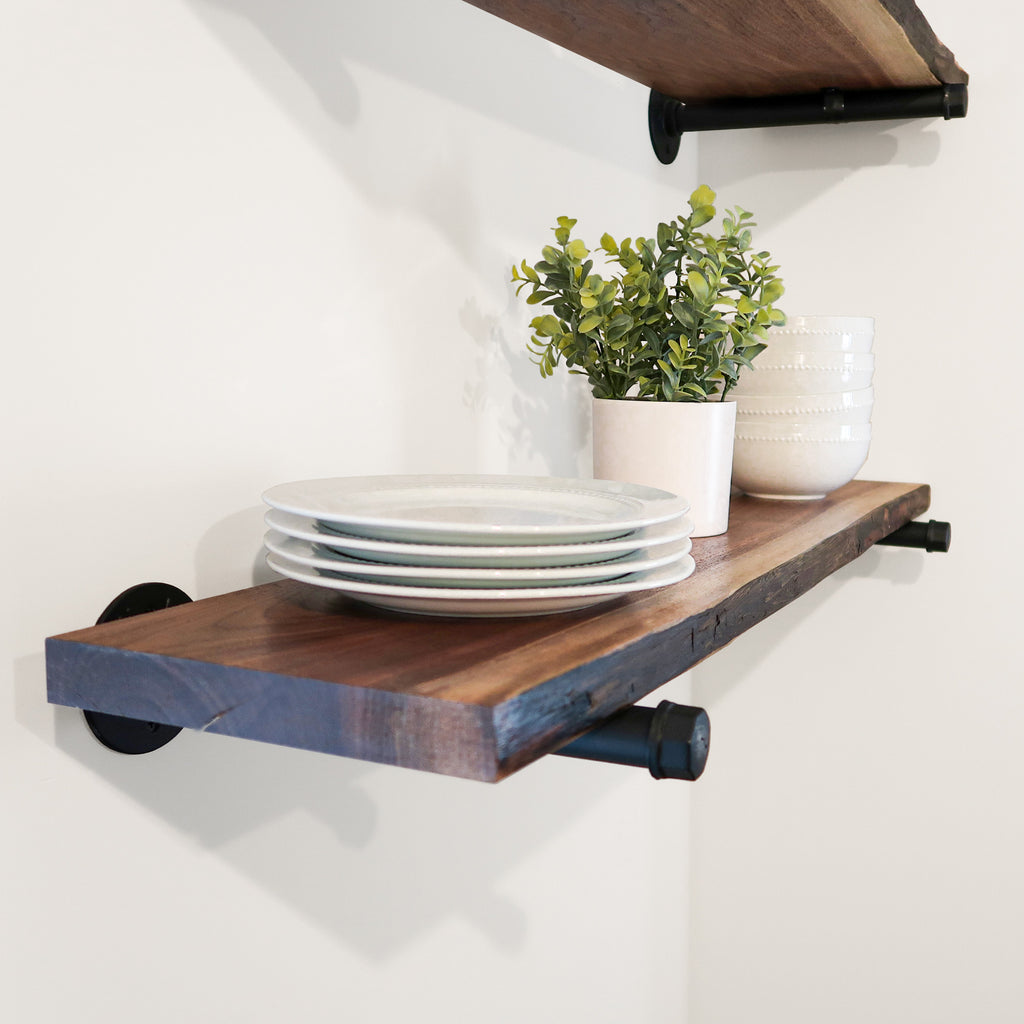 Open Live Edge Walnut Shelves with Pipe Brackets in Kitchen