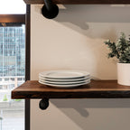Wood Live Edge Walnut Shelves with Pipe Brackets in Kitchen