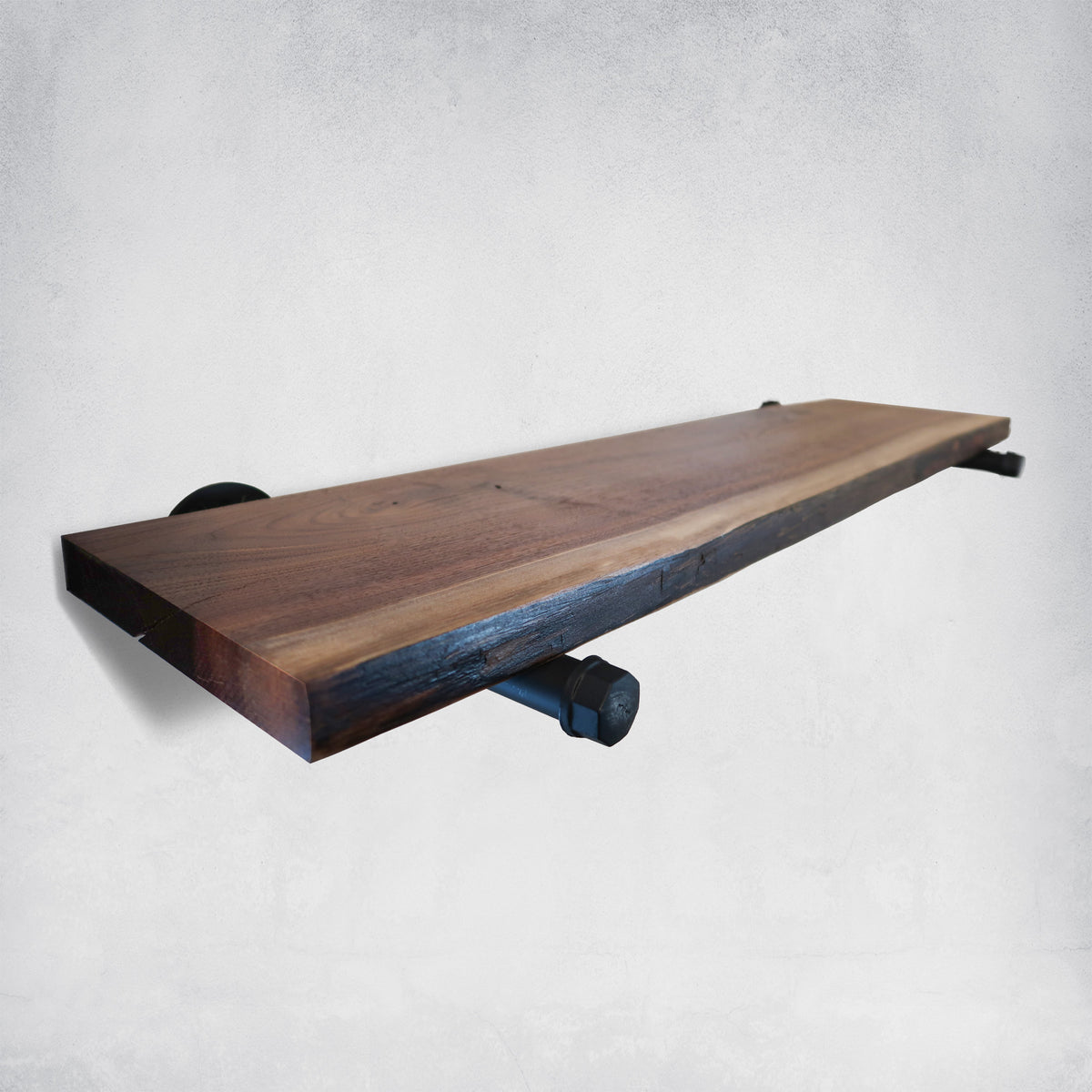 Modern Live Edge Walnut Shelf with Pipe Brackets