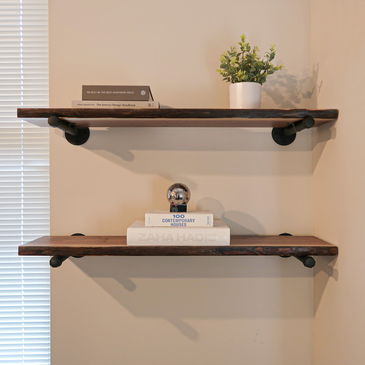 Wall Live Edge Walnut Shelves with Pipe Brackets