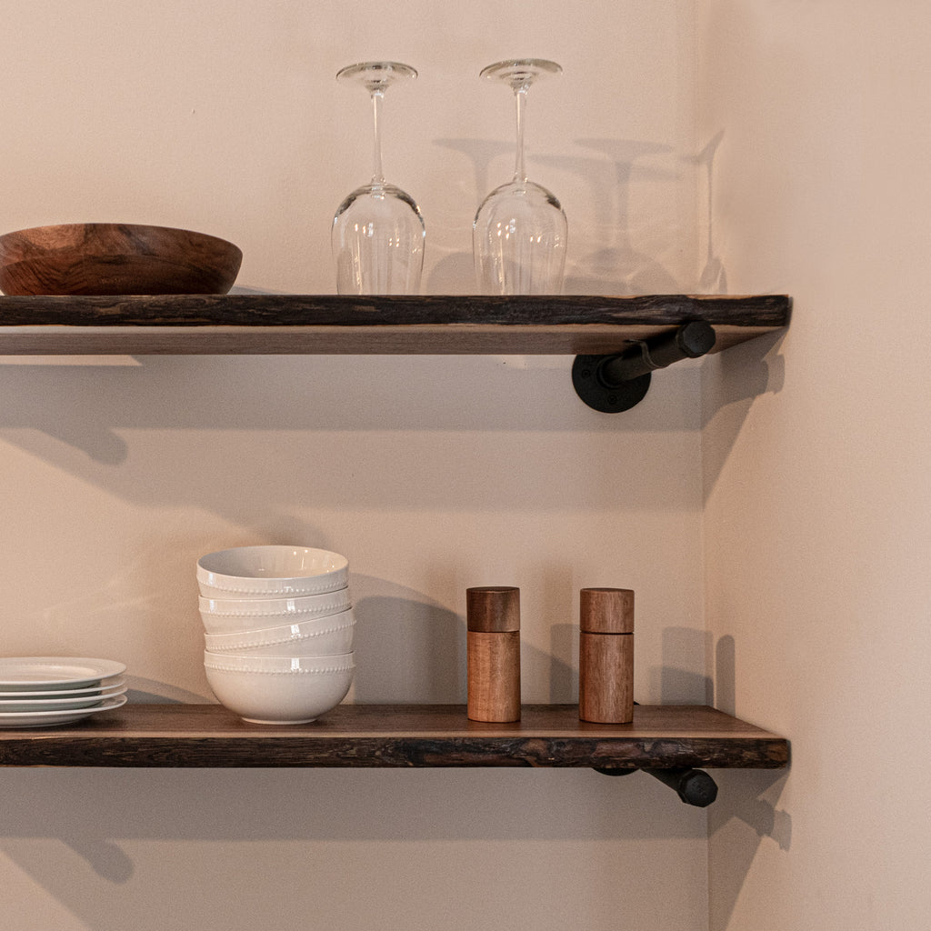 Idea for kitchen with Live Edge Walnut Shelves with Pipe Brackets