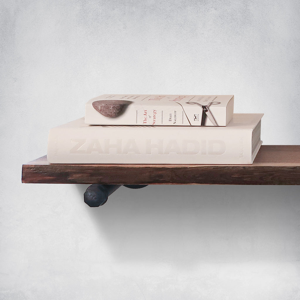 Live Edge Walnut Shelf with Pipe Brackets with Books