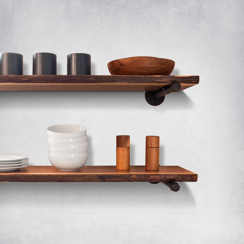 Live Edge Walnut Shelves with Pipe Brackets in Kitchen