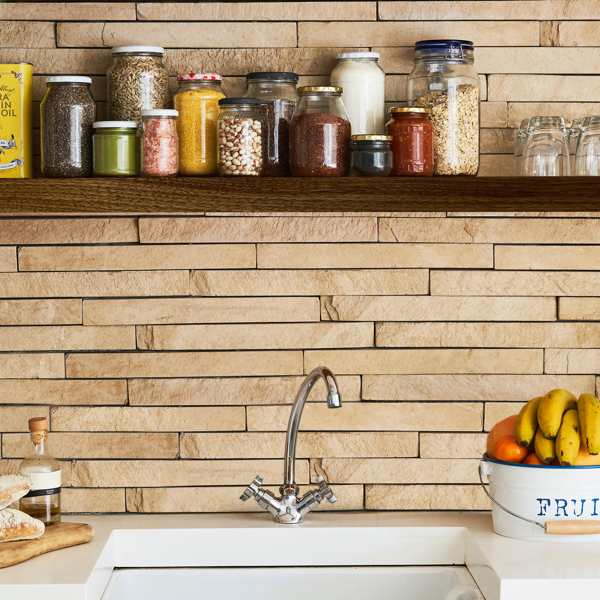 Modern Walnut Wood Floating Shelf in Kitchen