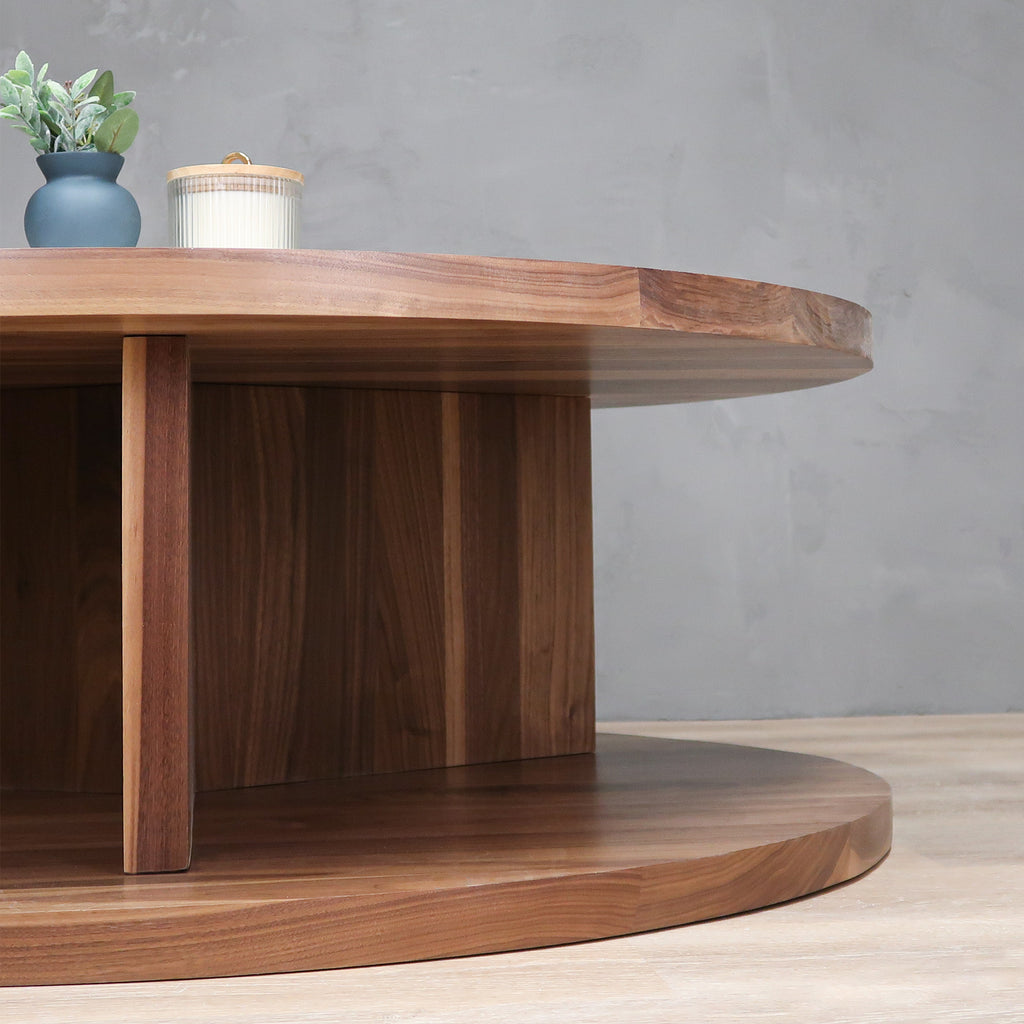 Design 2-Level Round Walnut Wood Coffee Table with Y Base