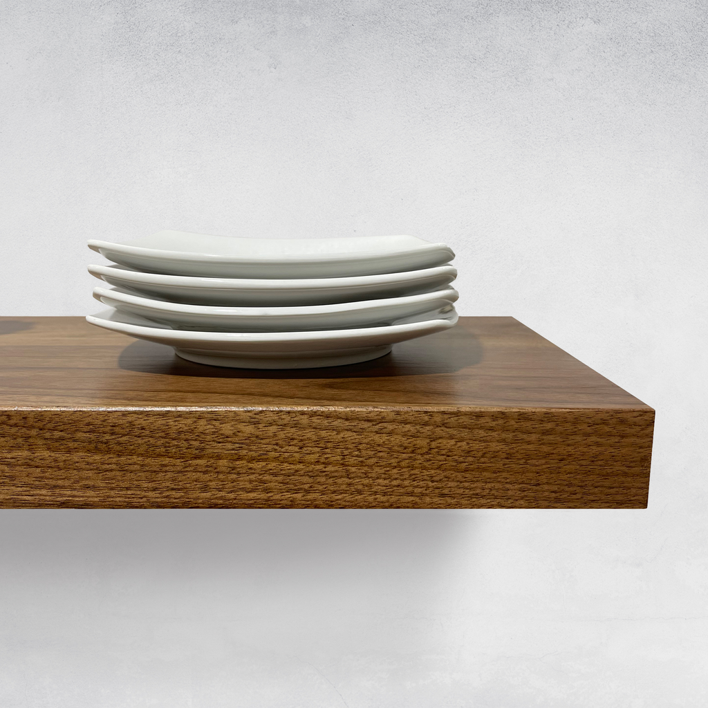 Open Walnut Floating Shelf with Plates in Kitchen