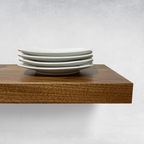 Open Walnut Floating Shelf with Plates in Kitchen