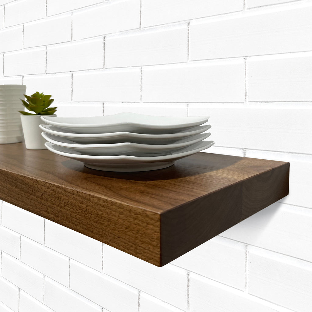 Wall Walnut Floating Shelf With Plates in Kitchen