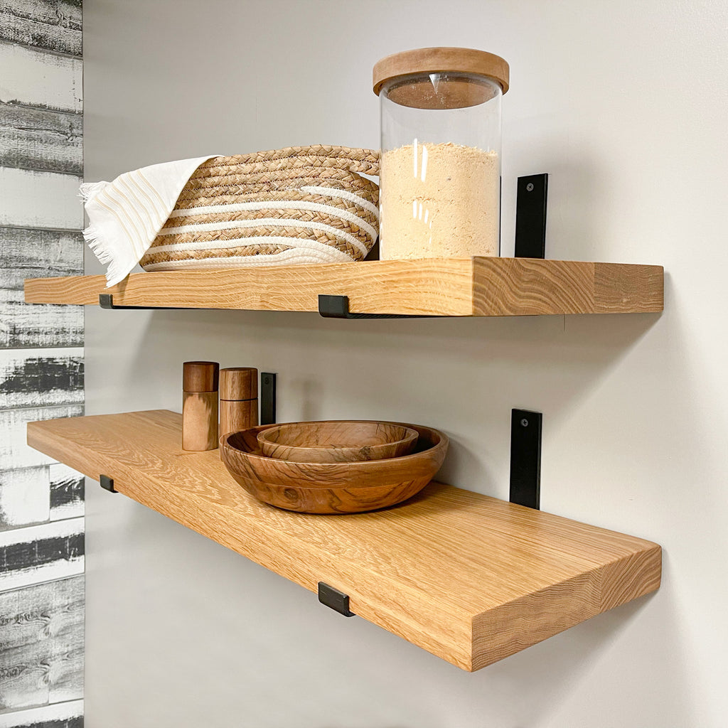 White Oak Wood Shelves with J Brackets in Kitchen