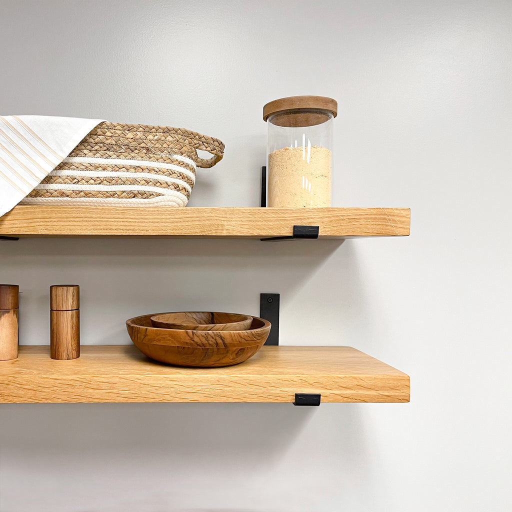 White Oak Wood Shelves with Brackets in Kitchen