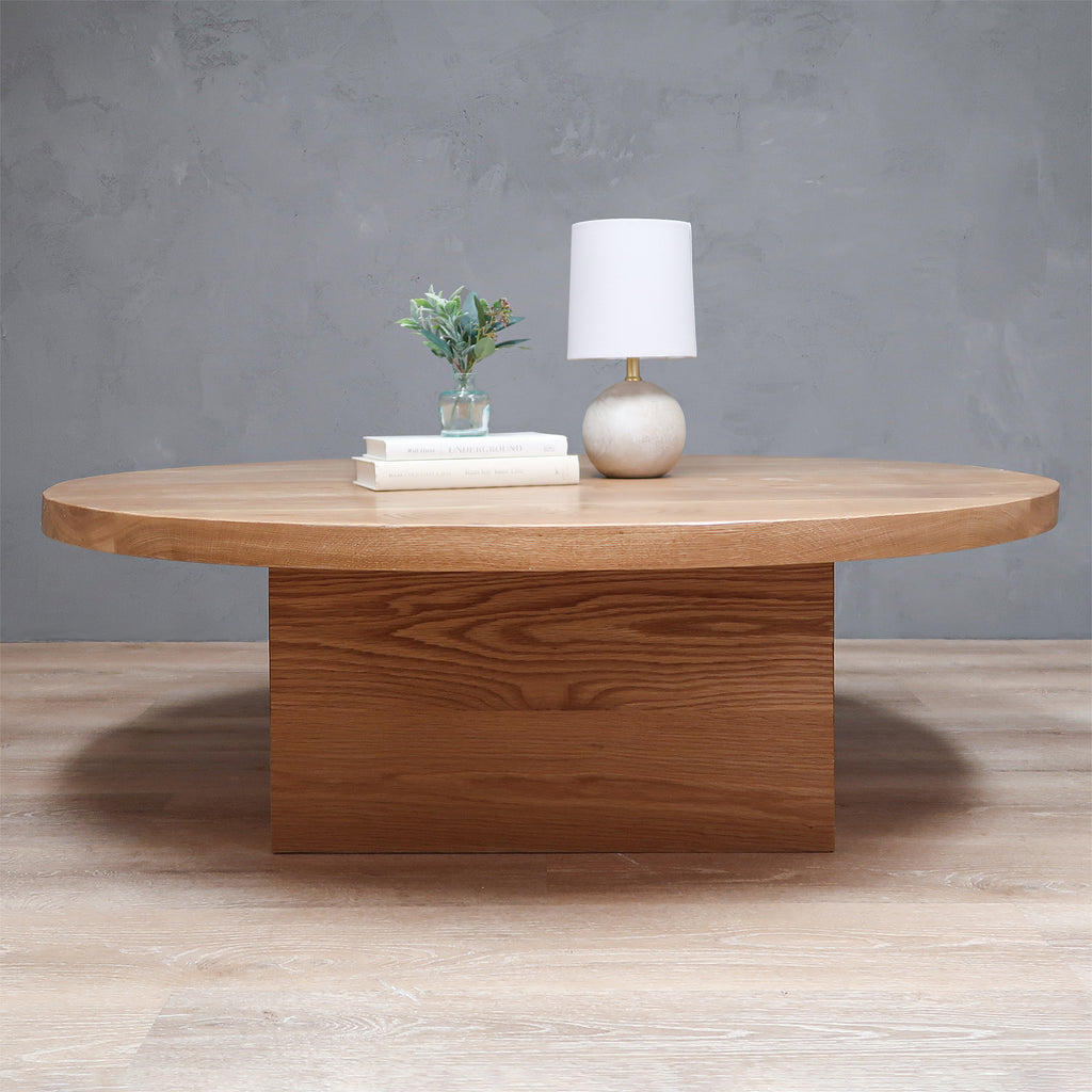 Modern Round White Oak Wood Coffee Table With Square Base